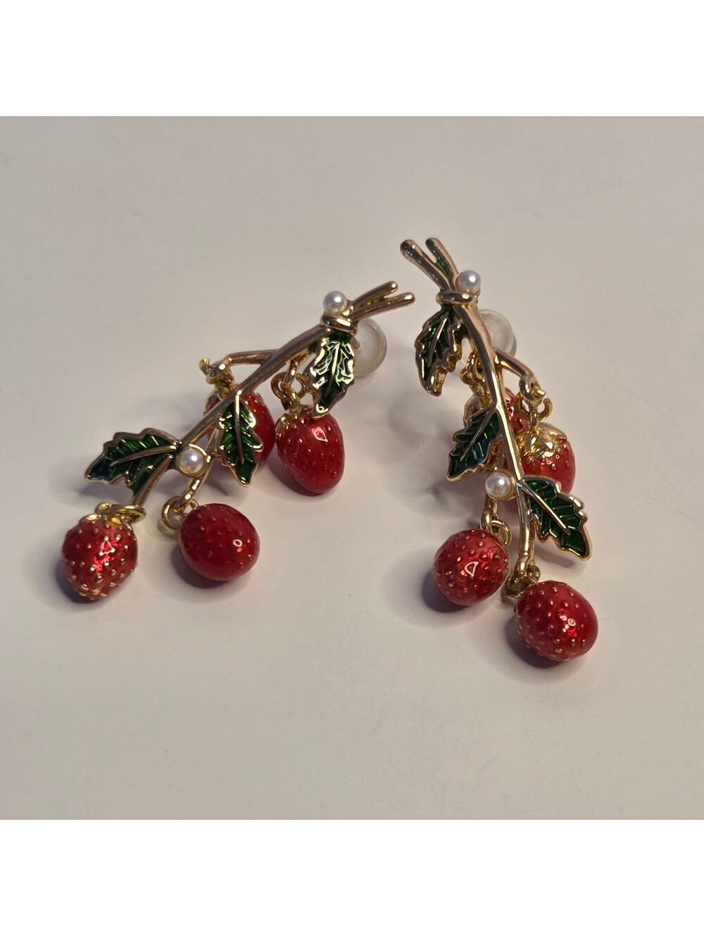 Gold Tone Metal Enamel Strawberry Dangle Earrings Cottagecore Fairy Whimsical